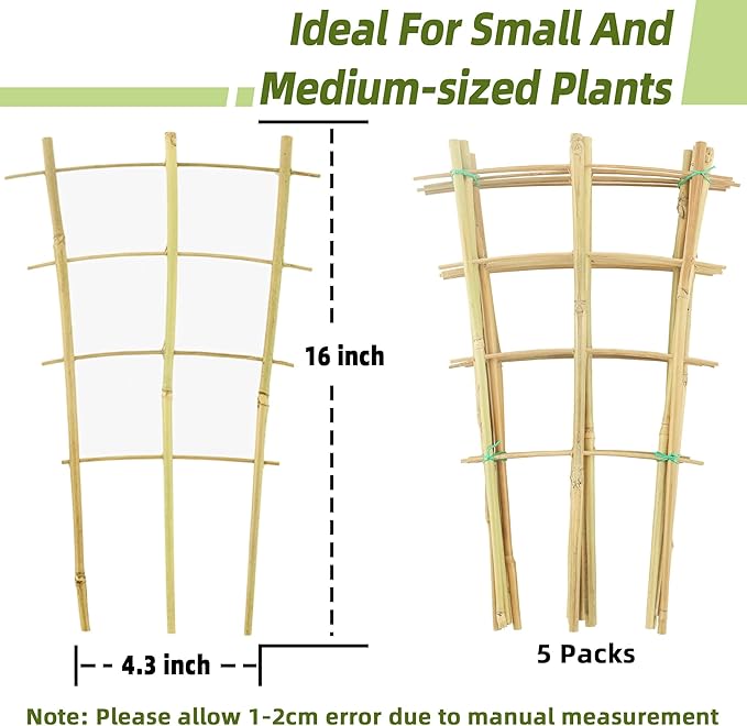 16Inch 5Pack Bamboo Trellis for Climbing Plants, Garden Ladder Trellis for Potted Plants Indoor, Fan Shaped Small Plant Support Trellis for HousePlants Ivy Vine Monstera 3-4