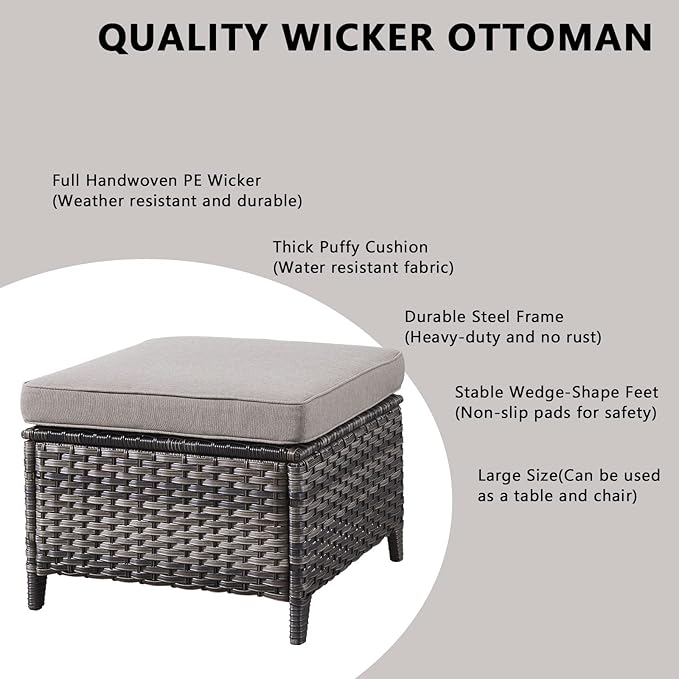 Wicker Outdoor Patio Furniture Set - 7 Piece Patio Conversation Sets with Swivel Rocker Chairs, Ottomans and Sofa, 6 inch Cushions, Waterproof Wicker, for Porch Deck Mixed Grey/Grey