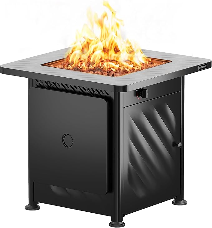EAST OAK 28โ Outdoor Propane Fire Pit Table | 52,000 BTU Gas Fire Pit for Outside with Easy-Hook Lid, Mesh Pocket & Lava Rocks | CSA Certified | Ideal for Patio, Garden & Backyard | Black