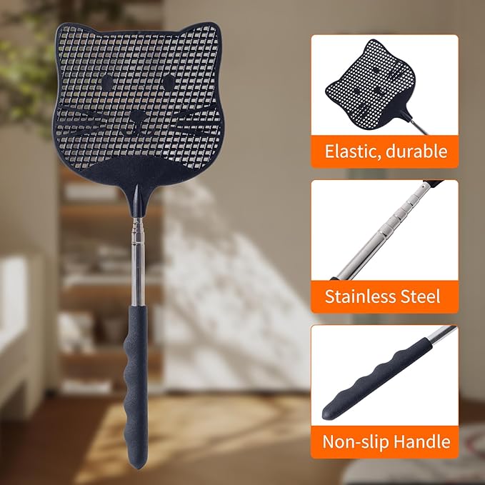 3 Pack Extendable Fly Swatter, 25 inch Long Handle Flyswatters, Plastic Heavy Duty Fly Swatters Manual for Indoors Patio Garden and Outdoors Black