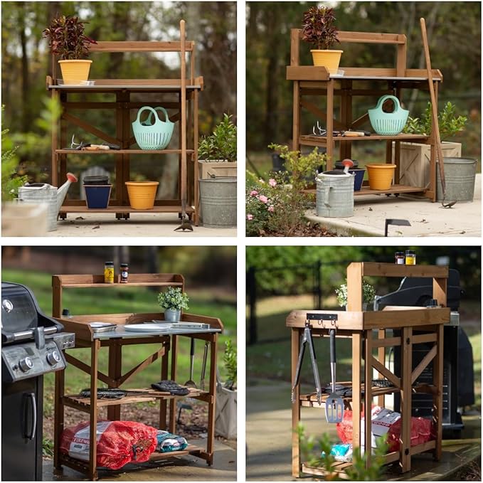 Folding Garden Potting Bench Table,Outdoor Wooden Work Station W/Metal Table Top,2 Tier Open Storage Rack,Top Shelf-Natural Stained