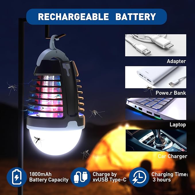 Portable Bug Zapper Outdoor Indoor, Electric Mosquito Fly Killer Lamp with Three Lighting Mode, USB Rechargeable Light Bulb Zapper for Camping, Home, Patio (1 Pack)