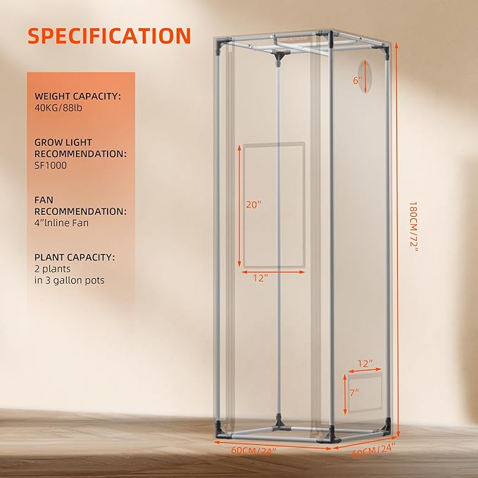 Spider Farmer Pro Series 2x2x6 Grow Tent, 24"x24"x72" with Roll-up Door, Observation Window Floor Tray, 2000D Thicken Mylar Canvas, 2x2 for Hydroponic Indoor Growing for SF1000, SF1000, SE1500, G1500