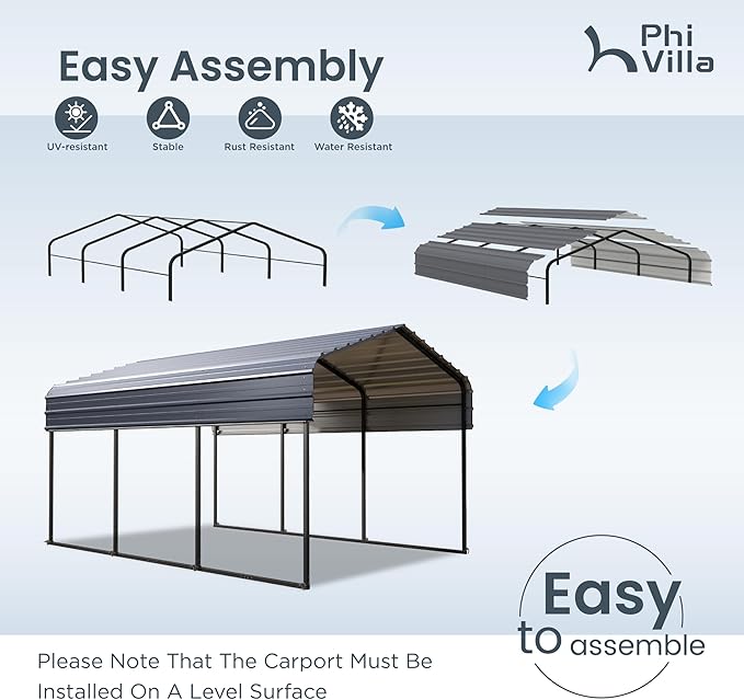 PHI VILLA 10 x 15 ft Heavy Duty Carport with Galvanized Steel Roof Multi-Use Shelter, Sturdy Metal Carport for Cars, Boats, and Tractors