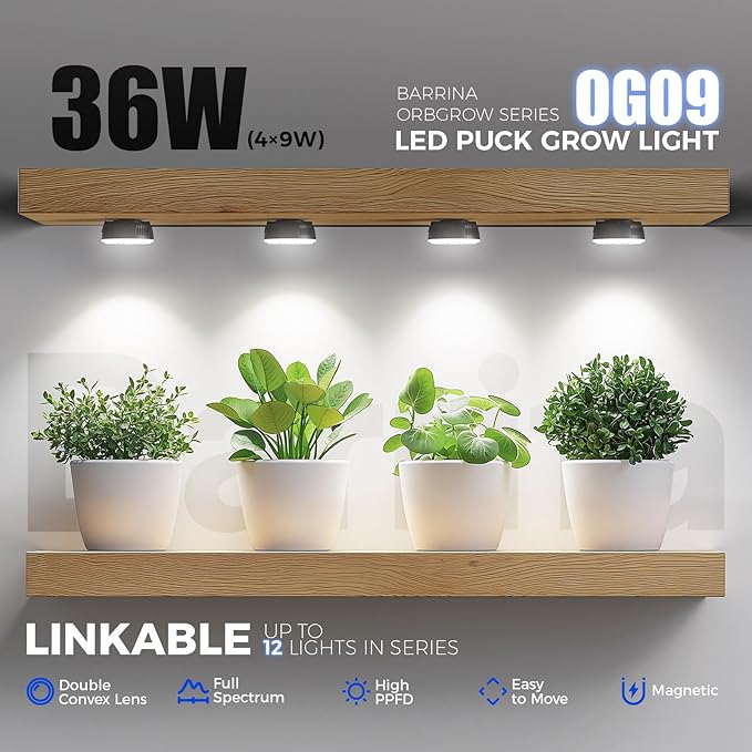 Barrina Orbgrow OG09 Puck Grow Light, 5000K 36W(4 x 9W, 540 Watt Equiv), Full Spectrum Plant Light for Indoor Plants, Magnetic & Linkable with Timer, 5 Levels Dimmable for Plant Shelf, 4 Packs, Black