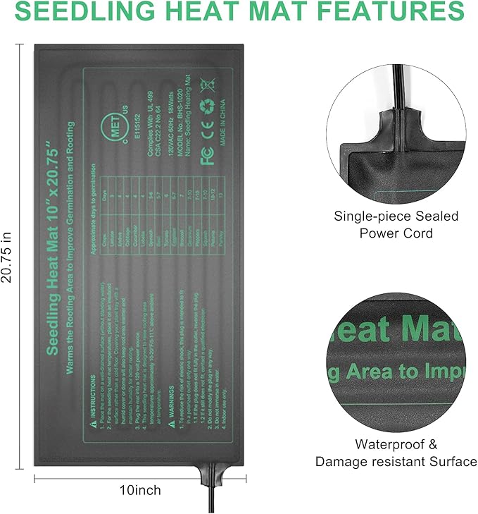 Seedling Heat Mat 4 Pack, MET Certified Heating Mat for Plants Grow Seed Starting Greenhouse, Waterproof Durable Germination Warm Hydroponic Heating Pad