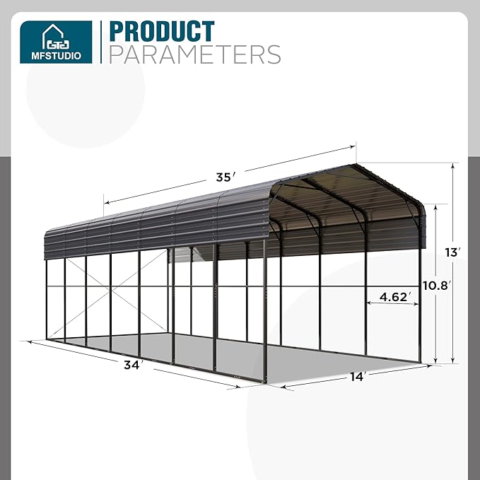 MFSTUDIO RV Carport 14x35 ft, Outdoor Heavy Duty Carports, Height 13 ft for Large RVs Metal Shed Canopy Shelters Garage Shelter Shade Car Ports with Galvanized Roof for 2 Cars, Truck and Boats 
