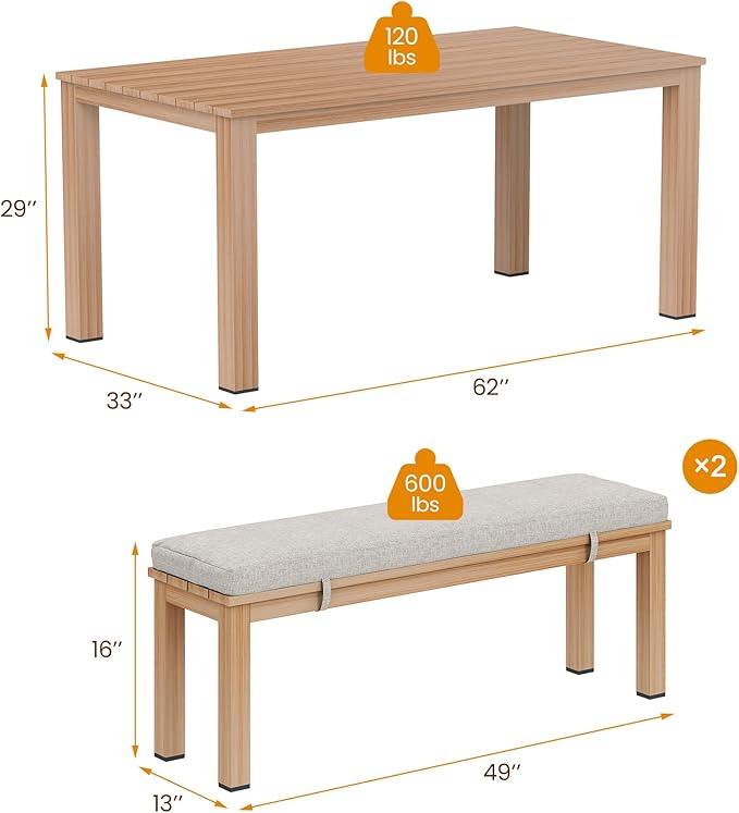 Aluminum Patio Dining Sets, 3 Pieces Patio Table Set, Outdoor Dining Table with 2 Bench, Outdoor Patio Dining Furniture Set with Removable Cushion for Lawn, Garden, Backyard, Brown