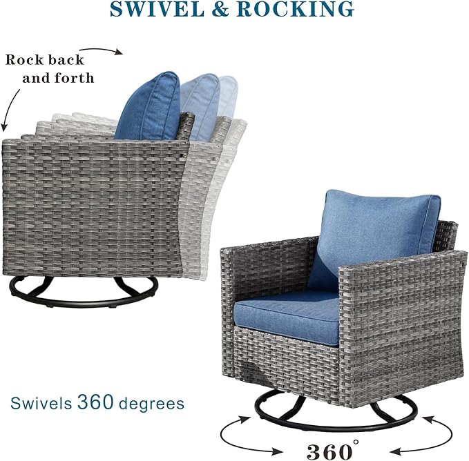 HOOOWOOO 11 Piece Patio Sectional Furniture Set with Fire Pit Table,Modern Wicker Outdoor Conversation Sofa Sets,Weather Resistant Modular L Shaped Outside Couch Swivel Chair Set(Denime Blue)