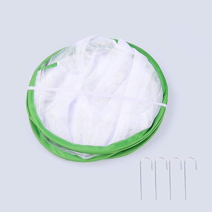 Mesh Plant Cover for Outdoor, Plant Netting Protector Garden Cover Cloche for Fruit, Vegetables, Strawberry, Flowers and Herbs Pop-Up Cage with 4 Stakes (White with Green, 19.7" x 19.7" x 19.7")