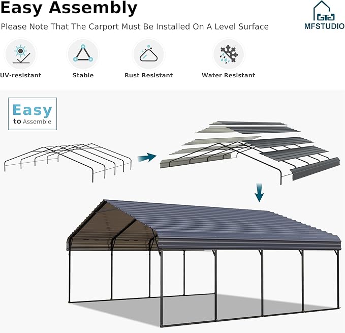 MFSTUDIO Carport 20x20 ft, Outdoor Heavy Duty Metal Shed Carports, Metal Garage Car Shelter Shade Car Port with Galvanized Roof, Frame and Bolts for 2 Cars, Truck and Boats