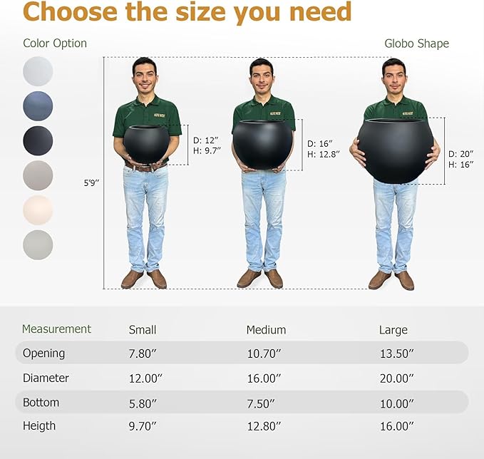 12.8" H x 16" D Globo Fiberstone Round Planter with Drainage Hole, Weather Resistant, Smooth Finish, Planters for Indoor Plants & Outdoor, 2 Extra Coco Mats (Black, 10.7" Pot Opening)