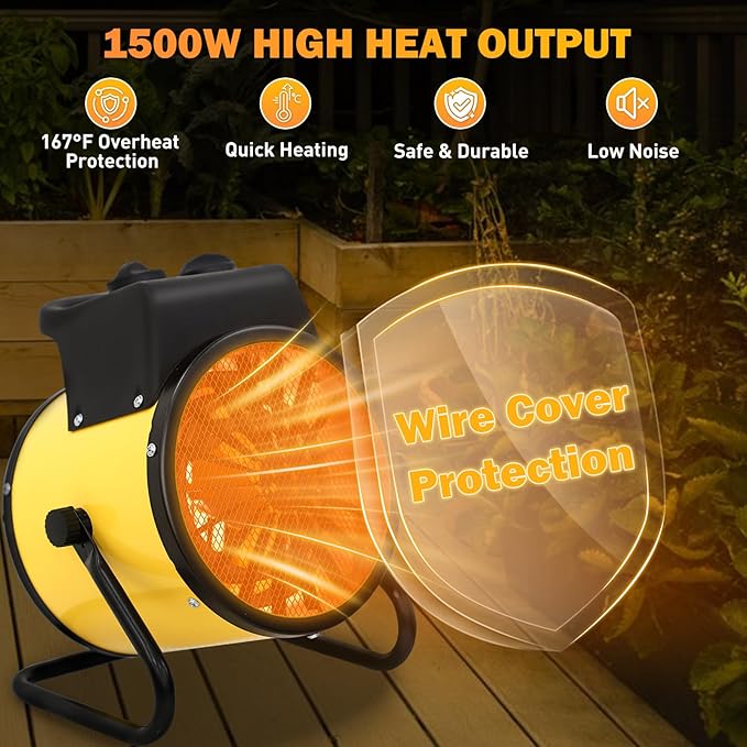 COOS BAY 1500W Portable Electric Space Heater, Outdoor Greenhouse Heater for Grow Tent, Garage, Workshop, Patio, RV – Radiant Heat, Overheat Protection, IPX4 Water Resistant, 1 Pack, Yellow