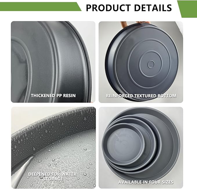 6 Pack 8 Inch Black Plant Saucers, Heavy Duty PP Plastic Plant Trays for Pots, Durable Flower Pot & Planter Saucers, Water Catcher Drip Trays Indoor Outdoor Use