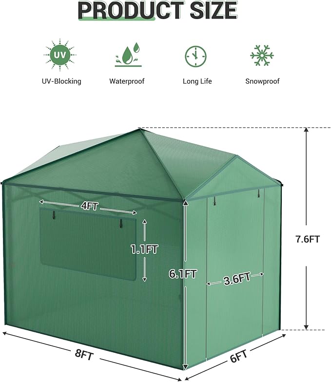 6X8 FT Portable Greenhouse for Outdoor,182 x 243 CM Wall in Pop Up Greenhouse for Gardening Plant, Zipper Roll Up Door & 4 Mesh Window, Double Frame, PE Cover Grow Tent for Winter, Green