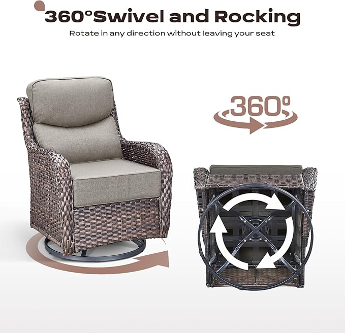 Wicker Outdoor Patio Furniture Set - 5 Piece Patio Conversation Sets with Swivel Rocker Chairs, Ottomans and Side Table, 6 inch Cushions, Waterproof Wicker, for Porch Deck Brown/Beige