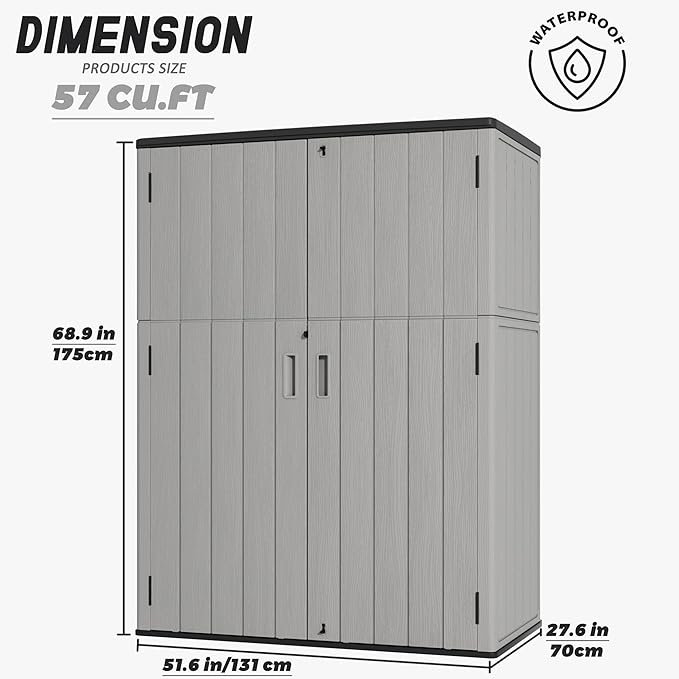 Vertical Storage Sheds with Floor, Sheds & Outdoor Storage Cabinet Waterproof for Garage Storage, Pool Storage, Bike Shed, Garden Shed 57Cu.ft Light Gray