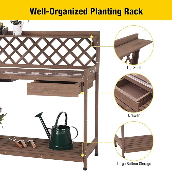 Aivituvin Potting Bench with PVC Layer, Outdoor Gardening Work Bench with Sink & Lid, Wooden Planting Table for Outside with Storage, Drawer, Shelf, Hook