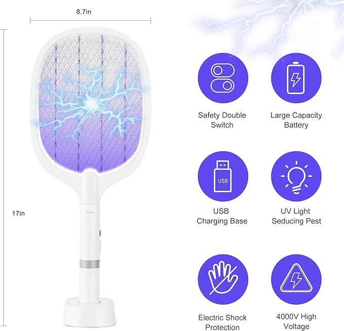 Electric Fly Swatter Racket, 4000V Bug Zapper Racket Rechargeable Fly Zapper Dual Modes Mosquito Swatter Portable with Purple Light & 3-Layer Safety Nets for Indoor & Outdoor, 2 Pack