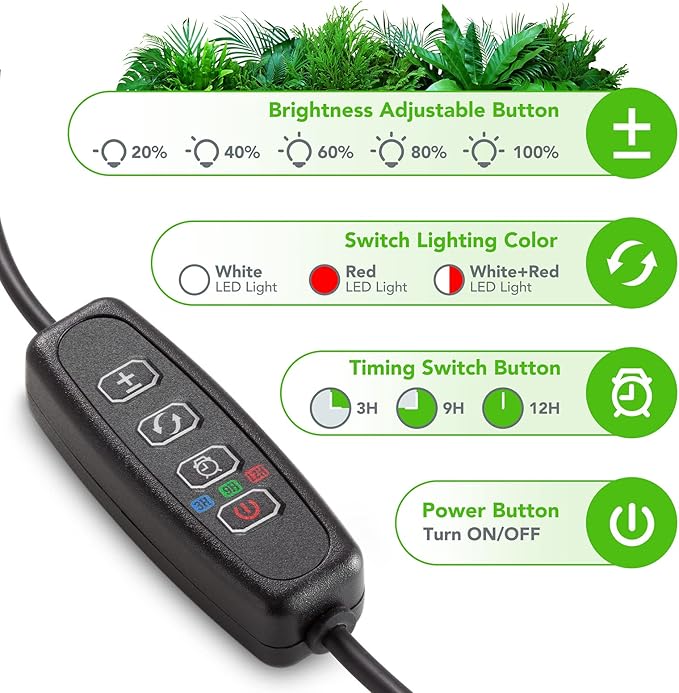 Plant Lights for Indoor Growing, Full Spectrum 4 Heads Clip Grow Lamps with 10 Feet Cables for Houseplants, Auto On Off Timing 3 9 12Hrs(2 Pack)