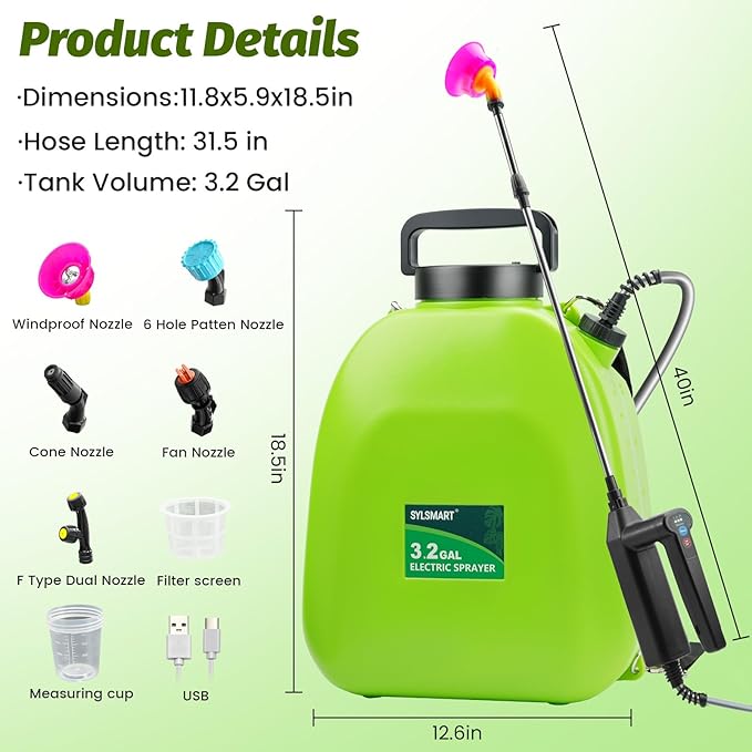 Battery Powered Backpack Sprayer 3 Gallon, Electric Lawn & Garden Sprayer with 4 Nozzles, 3 Modes, USB Rechargeable, Portable Yard Sprayer for Weed Killer, Fertilizer, Cleaning, Watering