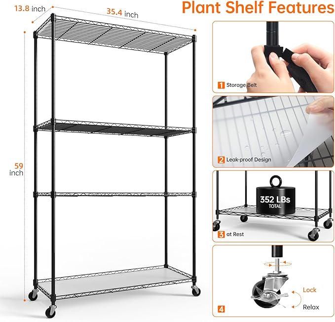 Plant Shelf with Grow Lights, 4-Tier Grow Light Shelf with 30W T5 Full Spectrum Grow Lights, Plant Stand with Grow Light for Indoor Plants, Seed Starting, Seedlings(35.4" L x 13.8" W x 59" H)