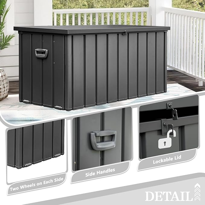 Domi 150-Gallon Outdoor Storage Box – Waterproof, Lockable Storage Cabinet for Patio Furniture, Garden Tools & Pool Supplies – Large Metal Storage for Cushions, Toys & More