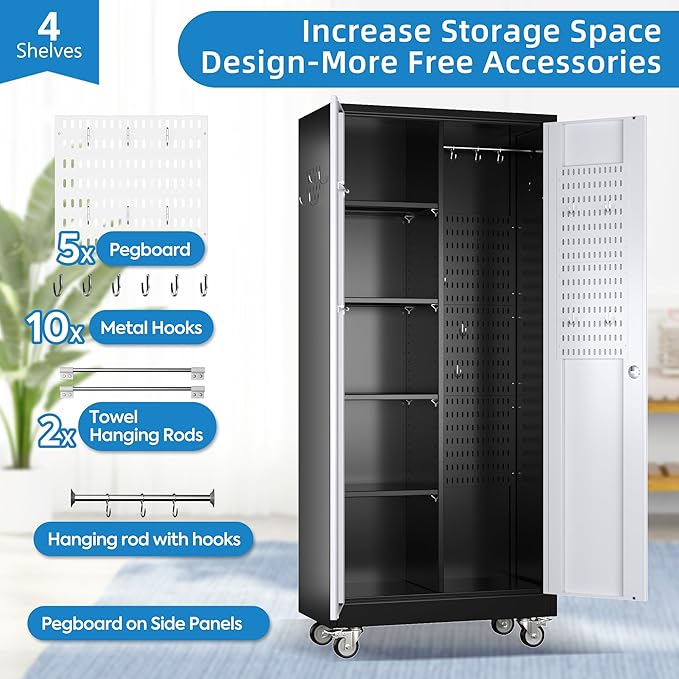 71" H Broom Closet Storage Cabinet with Wheels and Pegboard,Metal Garage Storage Cabinet with Lockable and Magnetic Doors,Adjustable Shelves for Garage Home Office,Required Assembly,Black and White