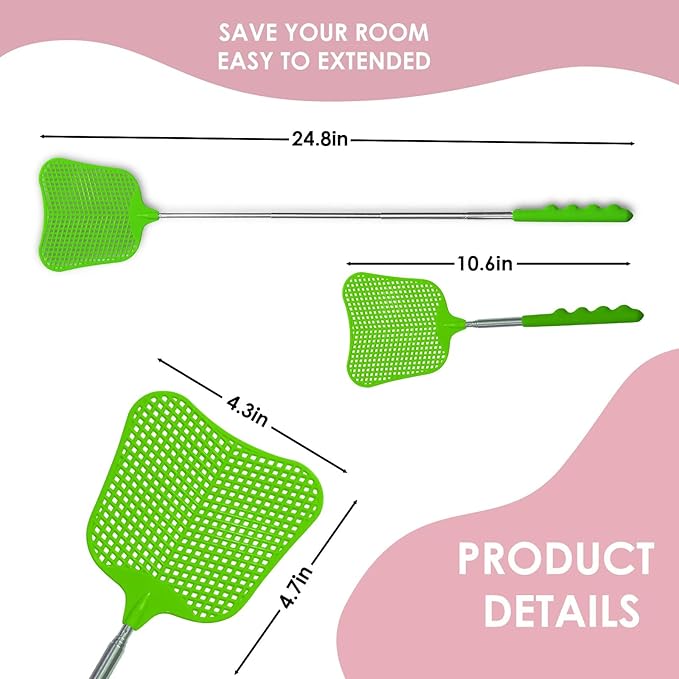 Wapodeai 2 Pack Fly Swatters Heavy Duty Set, Telescopic Fly Swatter, Stainless Steel Handle for Flyswatter (Green)