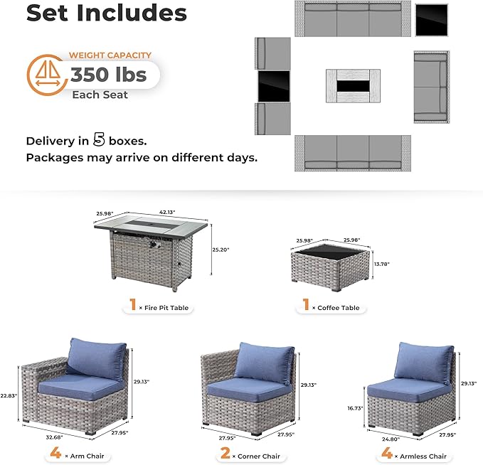 ovios 13 Pieces Patio Furniture Set, Outdoor Wicker Sectional Sofa with 42 Inch Fire Pit Table Comfy Cushions, Modern Modular Deep Seat Rattan Couch Conversation Set, Denim Blue