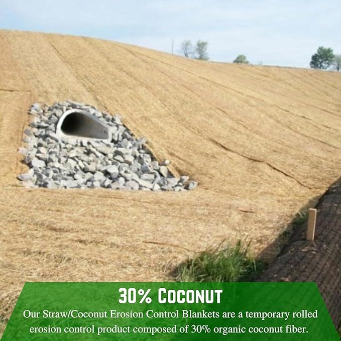 Farm Plastic Supply 100% Biodegradable Erosion Control Blanket - Straw/Coconut Straw Garden and Landscape Cover, Straw Blanket, Erosion Control (2' x 112.5')