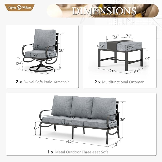 Sophia & William Patio Furniture Sets for 5 Outdoor Metal Conversation Sets 5 Pcs with 2 x Cushioned Swivel Sofa Chairs, 2 x Ottomans as Coffee Table, 1 x 3-Seat Sofa, Lawn Backyard Poolside Grey