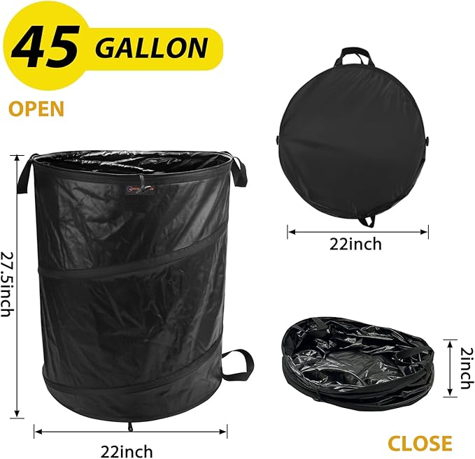 YUDI & GARDEN 45 Gallon Collapsible Garden Bag|Collapsible Trash Can|Camping Trash Can,Black,for Collecting Weeds,Grass Clippings,Party and Yard Waste