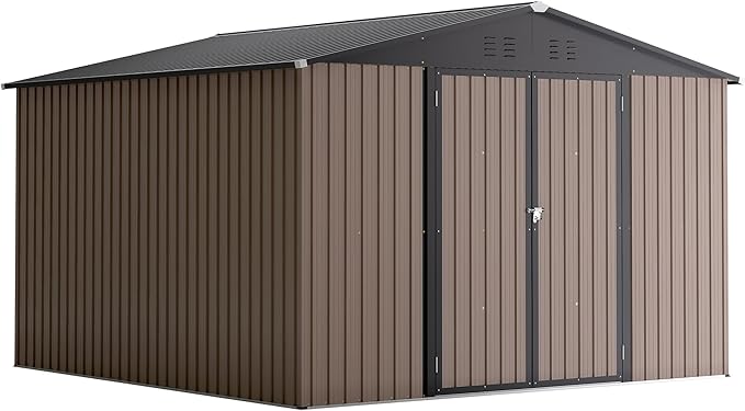 Outdoor Storage Shed, 10x10 FT Galvanized Steel Metal Shed, Lockable Waterproof Tool Storage Sheds for Garden, Patio, Lawn – Durable Storage Solution in Multiple Sizes