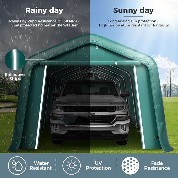 GREEN PARTY 11' x 24' Heavy Duty Carport, Portable Storage Shelter Shed Outdoor Carport with Roll-up Zipper Door & Vents, Storage Car Canopy Car Tent Garage for SUV, Truck and Boat, 200g PE Cover