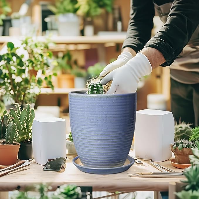EEPFamily 8 Inch Plant Pot- Ceramic Planter for Indoor Outdoor with Drainage Hole and Plant Tray, Modern Round Porch Home Office Garden Living Room Decor, House Warming Gifts, Blue-Purple