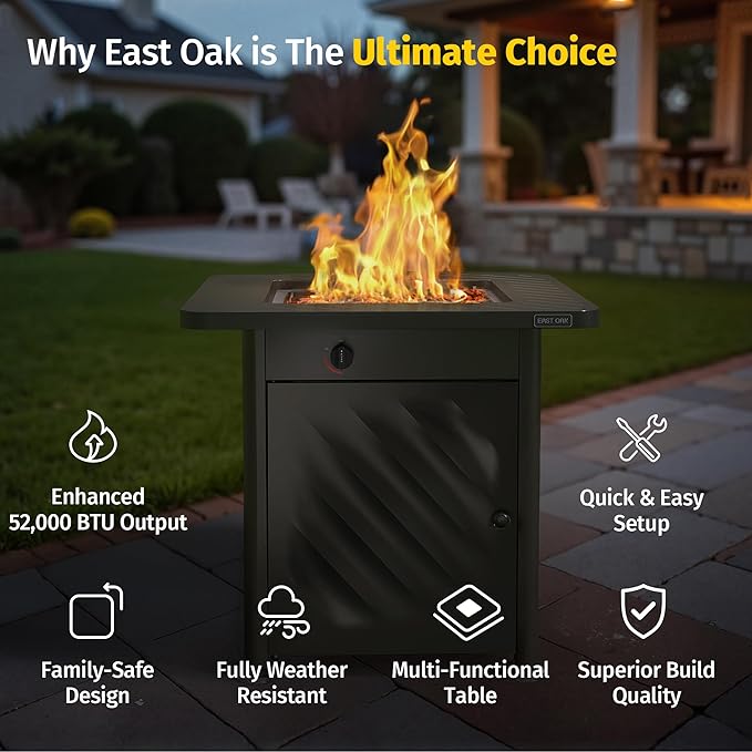 EAST OAK 28โ Outdoor Propane Fire Pit Table | 52,000 BTU Gas Fire Pit for Outside with Easy-Hook Lid, Mesh Pocket & Lava Rocks | CSA Certified | Ideal for Patio, Garden & Backyard | Black