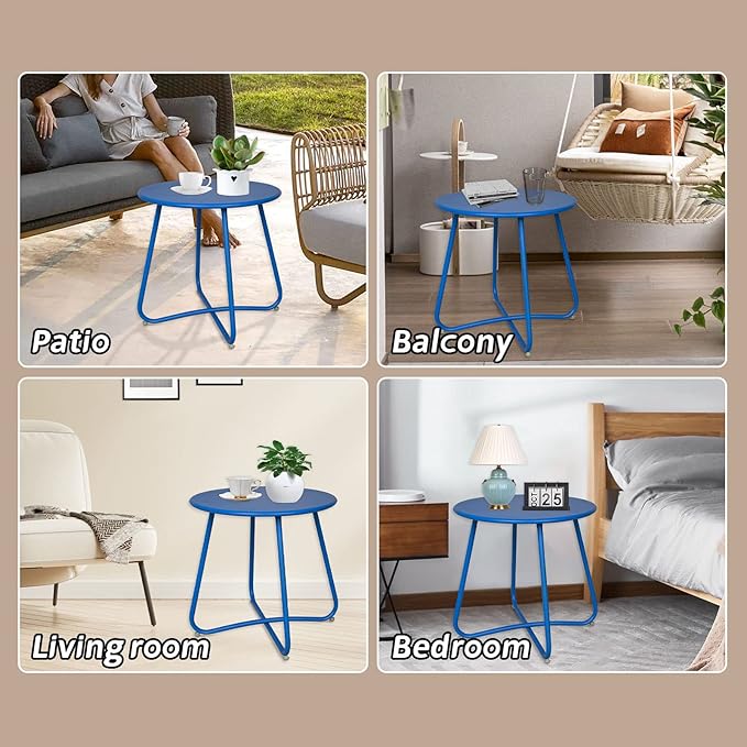 Babion Blue Outdoor Side Tables, Small Outdoor Table, Round Patio Side Table Steel, Small Accent End Table for Patio Yard Garden, Indoor & Outdoor