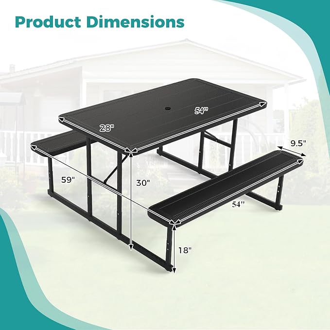 Giantex Picnic Table Bench Set for 4 People, 4.5FT Outdoor Rectangular Dining Table & 2 Benches w/Umbrella Hole, HDPE Tabletop, Metal Frame, Patio Garden Backyard Poolside (4.5FT,Non-Foldable,Black)