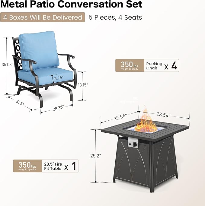 5 Piece Metal Outdoor Patio Furniture Set with Fire Pit Table, Patio Conversation Sets 4 Rocking Chairs with 5.75" Thick Cushion and 5000 BTU Fire Pit Table, Backyard Furniture, Blue