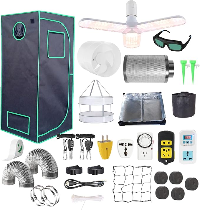 Grow Tent Kit Complete System High Reflective Mylar Indoor Grow Tent Hydroponics Growing Tent with Full Spectrum LED Grow Light Observation Window, Ventilation Fan,Carbon Filter (24" x 24" x 55")