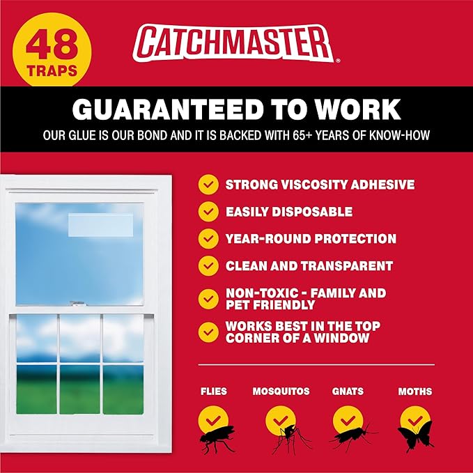 Catchmaster Window Fly Traps 48-Pack, Fruit Fly Traps for Indoors, Disposable Bulk Bug Catcher, Waterproof Insect Glue Trap, Adhesive Strips, Pet Safe Pest Control for Home, Kitchen, & Garage