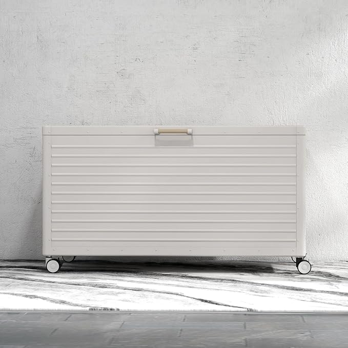 175 Gallon Outdoor Storage Box Waterproof with Wheels, Metal Deck Box for Patio Furniture, Garden Tools, Outdoor Cushion, Latte