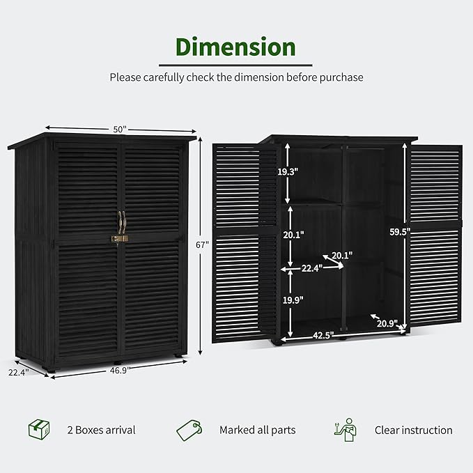 MCombo Outdoor Storage Cabinet, Wooden Storage Shed with Latch, Outside Garden Tool Shed with 2 Doors for Patio Yard Lawn, 1900 (Black, Large)