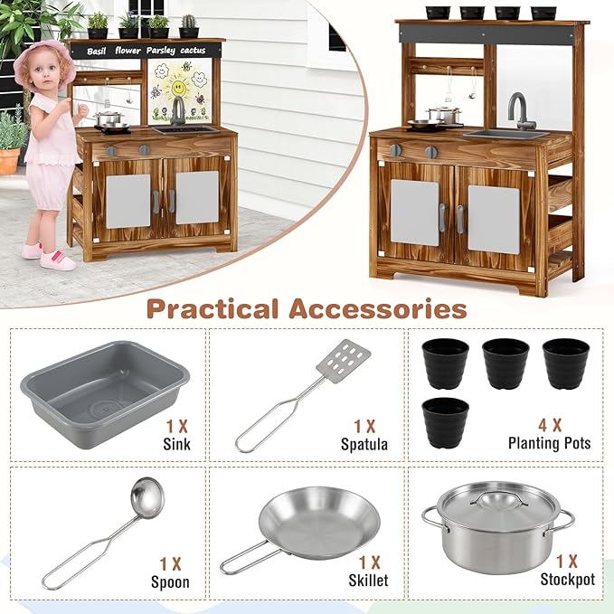 HONEY JOY Mud Kitchen, Cedar Wood Outdoor Play Kitchen for Toddlers, Acrylic Board, Removable Sink, 4 Planting Cups, Kitchen Accessories, Garden Time Mud Kitchen for Kids Outdoor Backyard