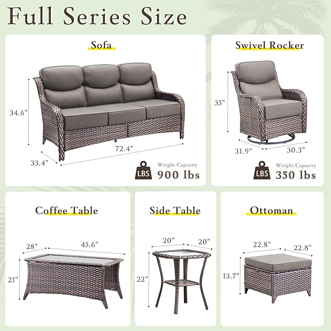 Luxury Outdoor Furniture Set with Swivel Chairs, High Back Swivel Patio Chairs with Ottoman, Side Table & 6-Inch Thick Cushions, Wicker Patio Furniture Set for Porch, Yard, Deck, Poolside, Brown/Grey