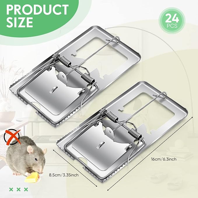 Qualirey 24 Pcs Classic Metal Rat Traps Reusable Mouse Trap Humane Effective Snap Rat Killer That Work for Indoor Outdoor Mice Voles and Small Rodents Control(Silver)