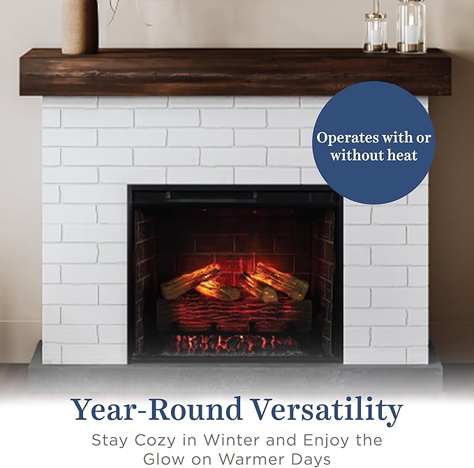 Country Living - Jackson Fireplace Mantel Package, WiFi Enabled 28β Fireplace Insert, White Brick Mantel Surround, Alexa/WiFi Enabled, 1500W