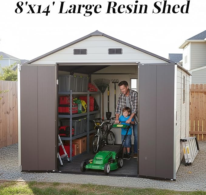 8x14ft Resin Outdoor Storage Shed with Floor and 2 Windows, Plastic Sheds & Outdoor Storage Clearance for Patio Furniture, GardenTools, Bike Accessories and Lawn Mower, Brown+White