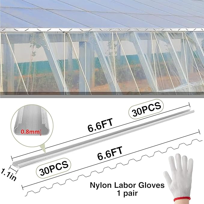 Spring Wire & Lock Channel - 30 Sets PVC Coated Spring Wire & Aluminum Alloy U-Channel Bundle with Nylon Gloves, 6.6 ft Farmer Greenhouse Frame Kit for Fix Poly Film Shade Cloth